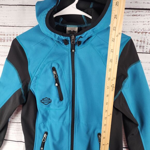 Harley-Davidson Miss Enthusiast Jacket XS Blue Black Soft Shell Hoodie Motorcycl - Picture 10 of 12